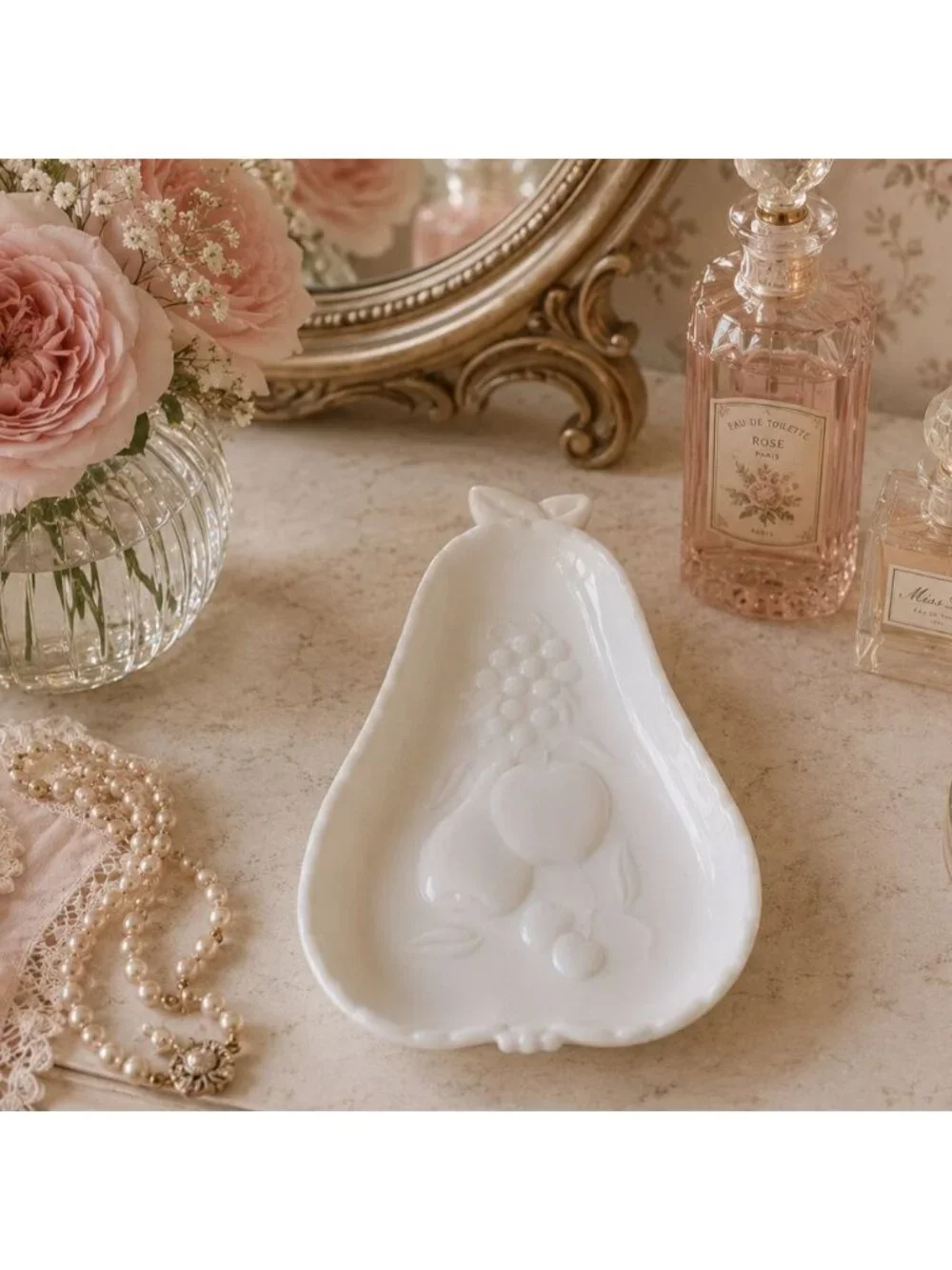 Hazel Atlas White Milk Glass Pear Dish VTG Embossed MCM Fruit Tray Catchall